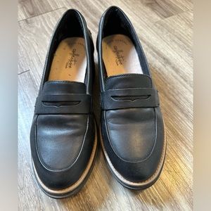 Black Leather Clarks Penny Loafers with a bit of a platform Raisie